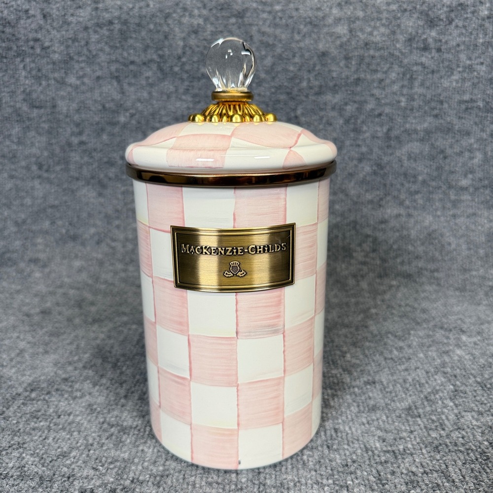 MacKenzie-Childs Rosy Check Enamel Canister Large Pink White Hand Painted 64oz